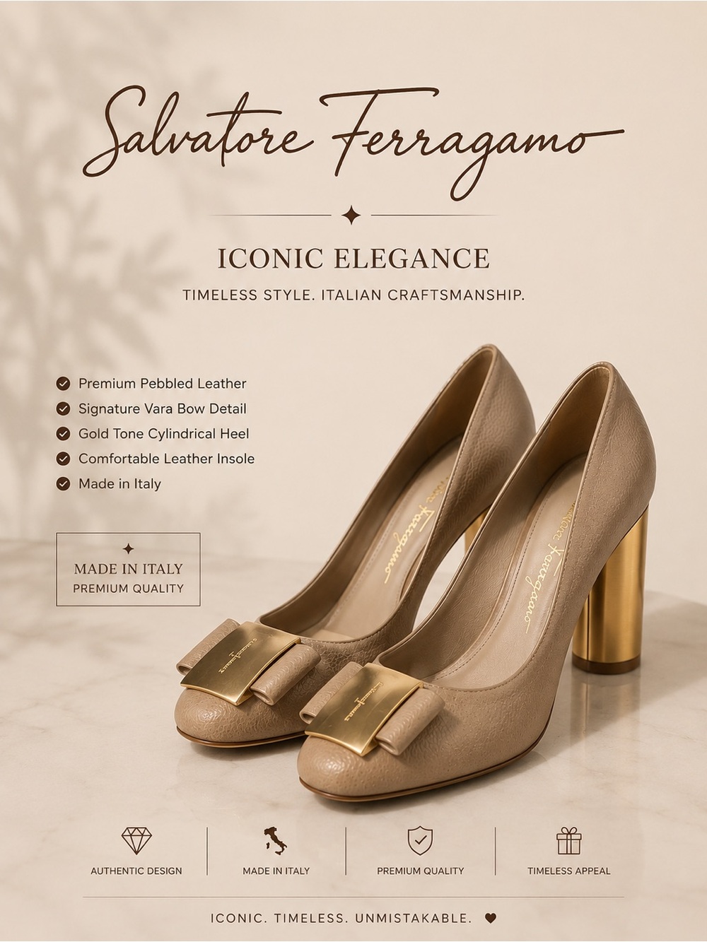 Salvatore Ferragamo Taupe Leather Bow Flats with Gold Plaque